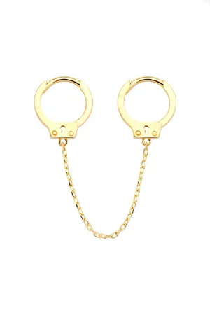 14K 18K Solid Gold Ring Handcuff Double Huggie Hoop Earring Piercing with Chain