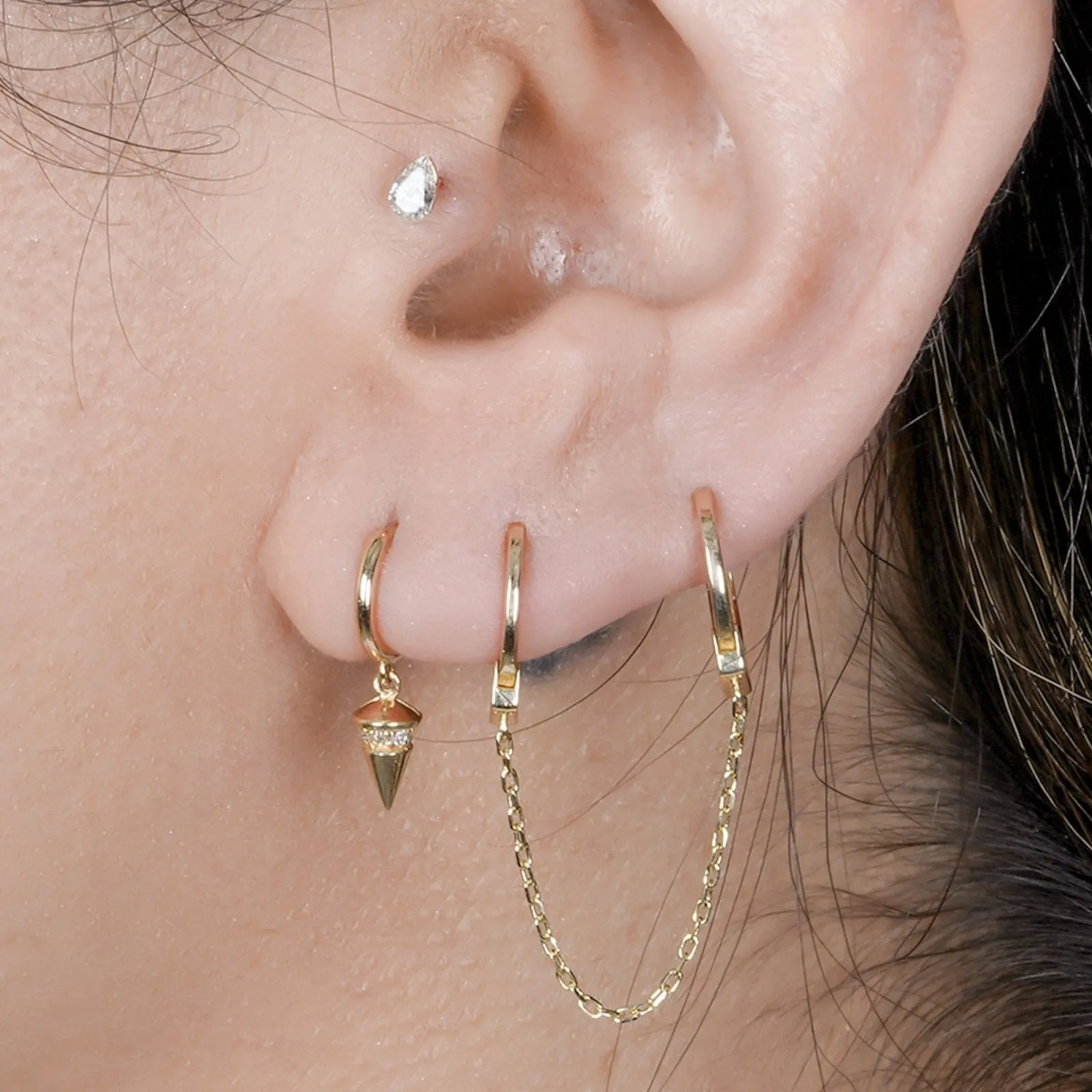 14K 18K Solid Gold Ring Handcuff Double Huggie Hoop Earring Piercing with Chain