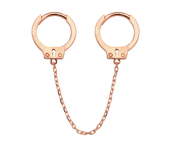 14K 18K Solid Gold Ring Handcuff Double Huggie Hoop Earring Piercing with Chain