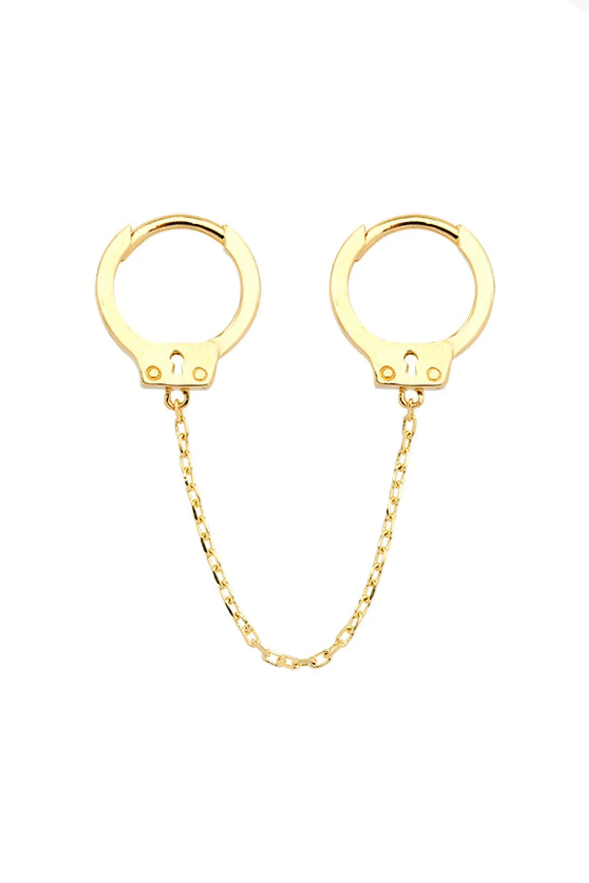 14K 18K Solid Gold Ring Handcuff Double Huggie Hoop Earring Piercing with Chain