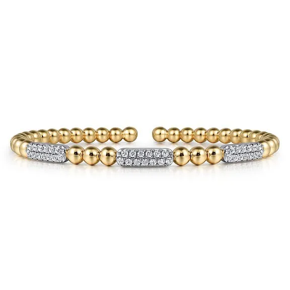 14K White and Yellow Gold 0.51Ct Diamond Pave Three Station Bar Bujukan Beads Split Bangle Bracelet