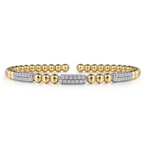 14K White and Yellow Gold 0.51Ct Diamond Pave Three Station Bar Bujukan Beads Split Bangle Bracelet