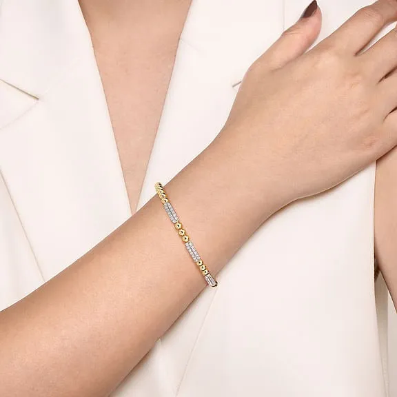 14K White and Yellow Gold 0.51Ct Diamond Pave Three Station Bar Bujukan Beads Split Bangle Bracelet