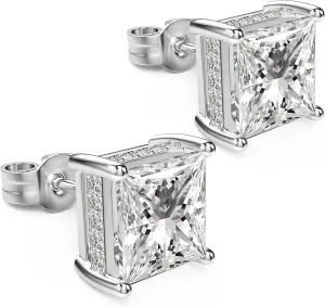 18K White Gold Plated Sterling Silver Princess Cut Cubic Zirconia Stud Earrings Square CZ Diamond Stud Earrings for Women Men Hypoallergenic