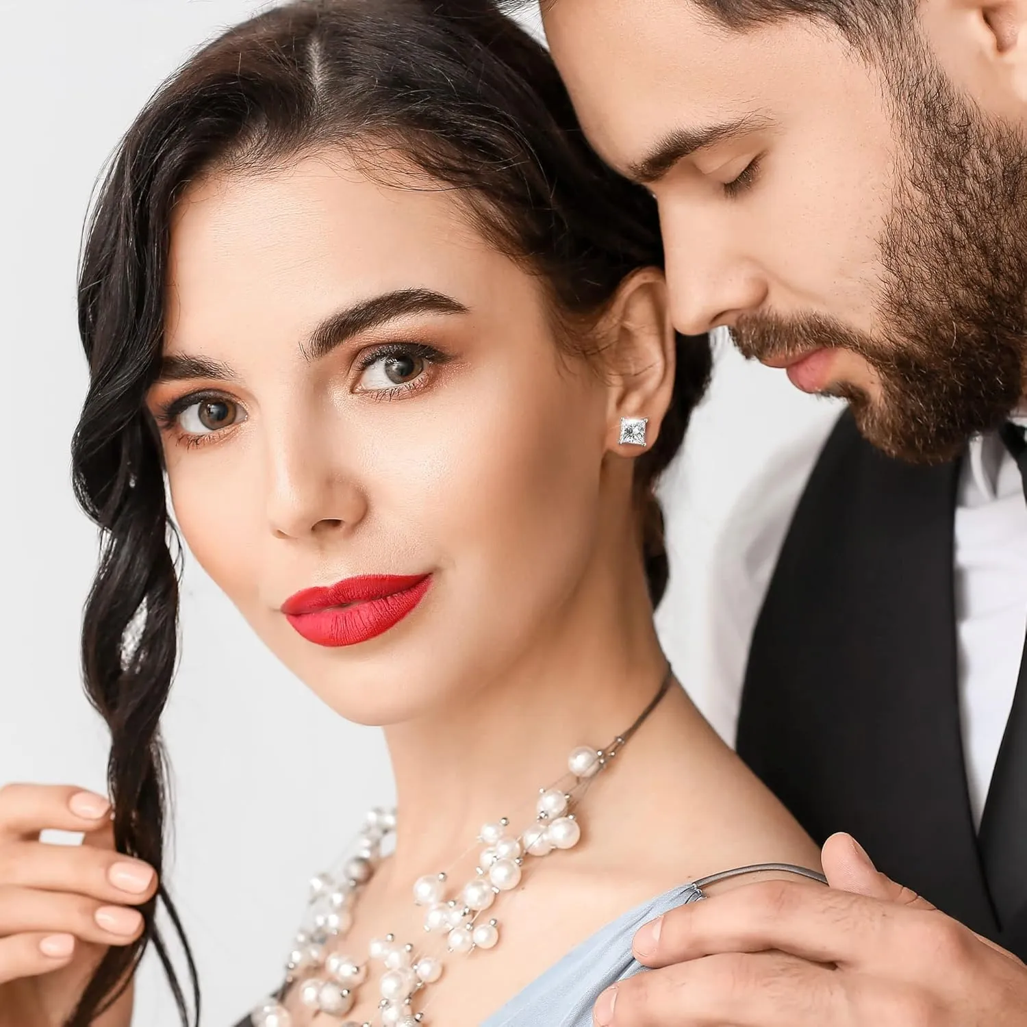 18K White Gold Plated Sterling Silver Princess Cut Cubic Zirconia Stud Earrings Square CZ Diamond Stud Earrings for Women Men Hypoallergenic