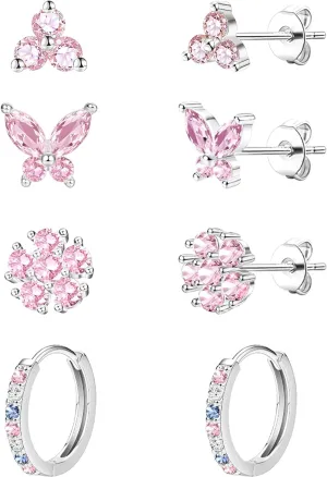 20G Gold Studs Earrings for Women,14K Gold Plated Sterling Silver Hypoallergenic Butterfly Earrings for Women,4 Pairs Flower/Butterfly/Cubic Zirconia Cute Earring and Trendy Huggie Hoop Dainty Multipack Earring Sets