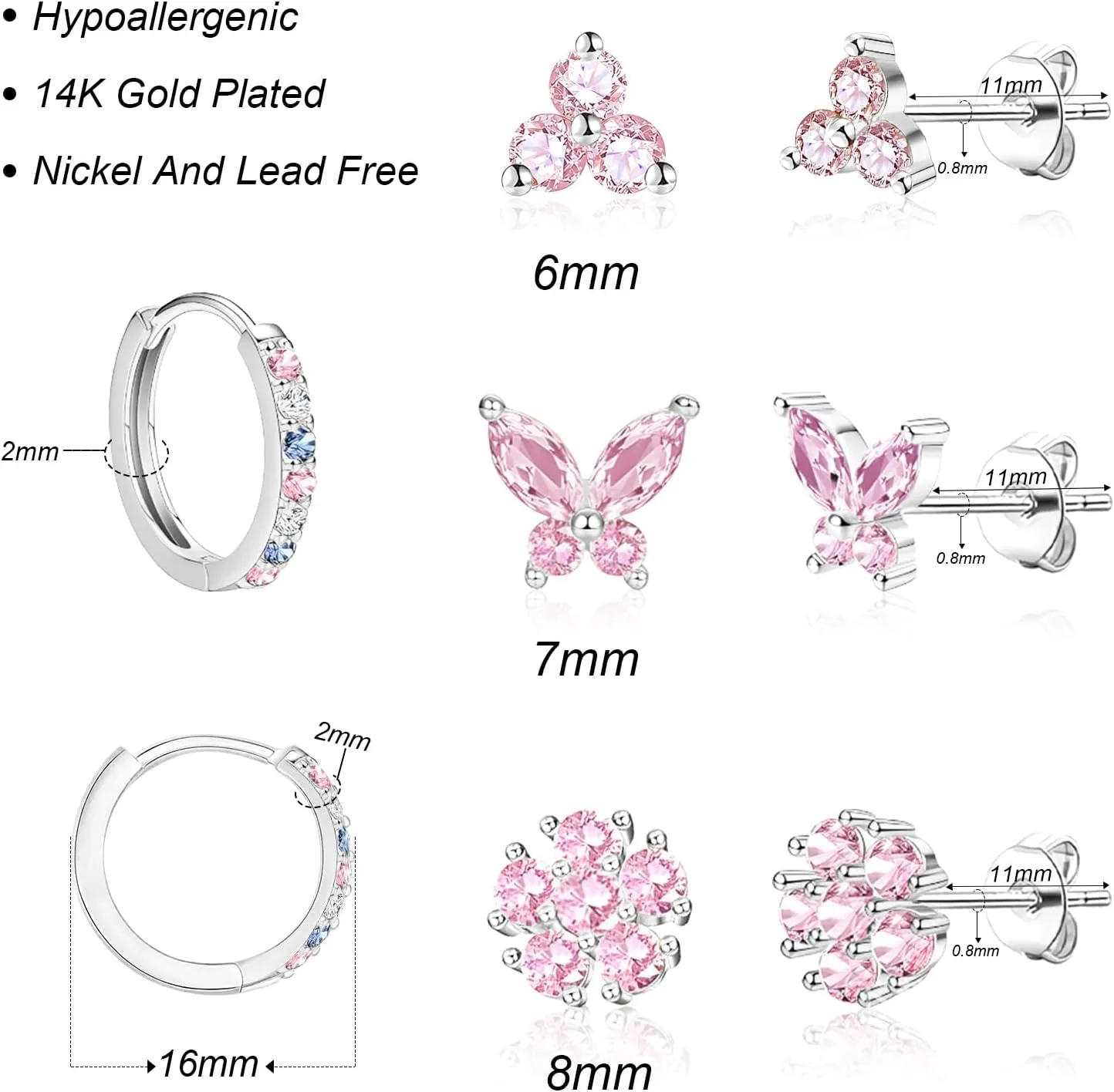20G Gold Studs Earrings for Women,14K Gold Plated Sterling Silver Hypoallergenic Butterfly Earrings for Women,4 Pairs Flower/Butterfly/Cubic Zirconia Cute Earring and Trendy Huggie Hoop Dainty Multipack Earring Sets