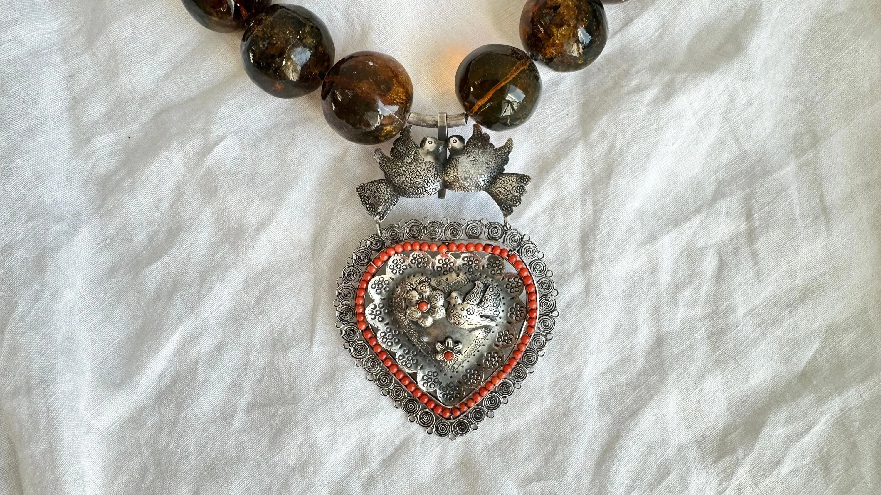 Amber Beaded Necklace, Milagro Sacred Heart Pendant. Sterling Silver. 2327