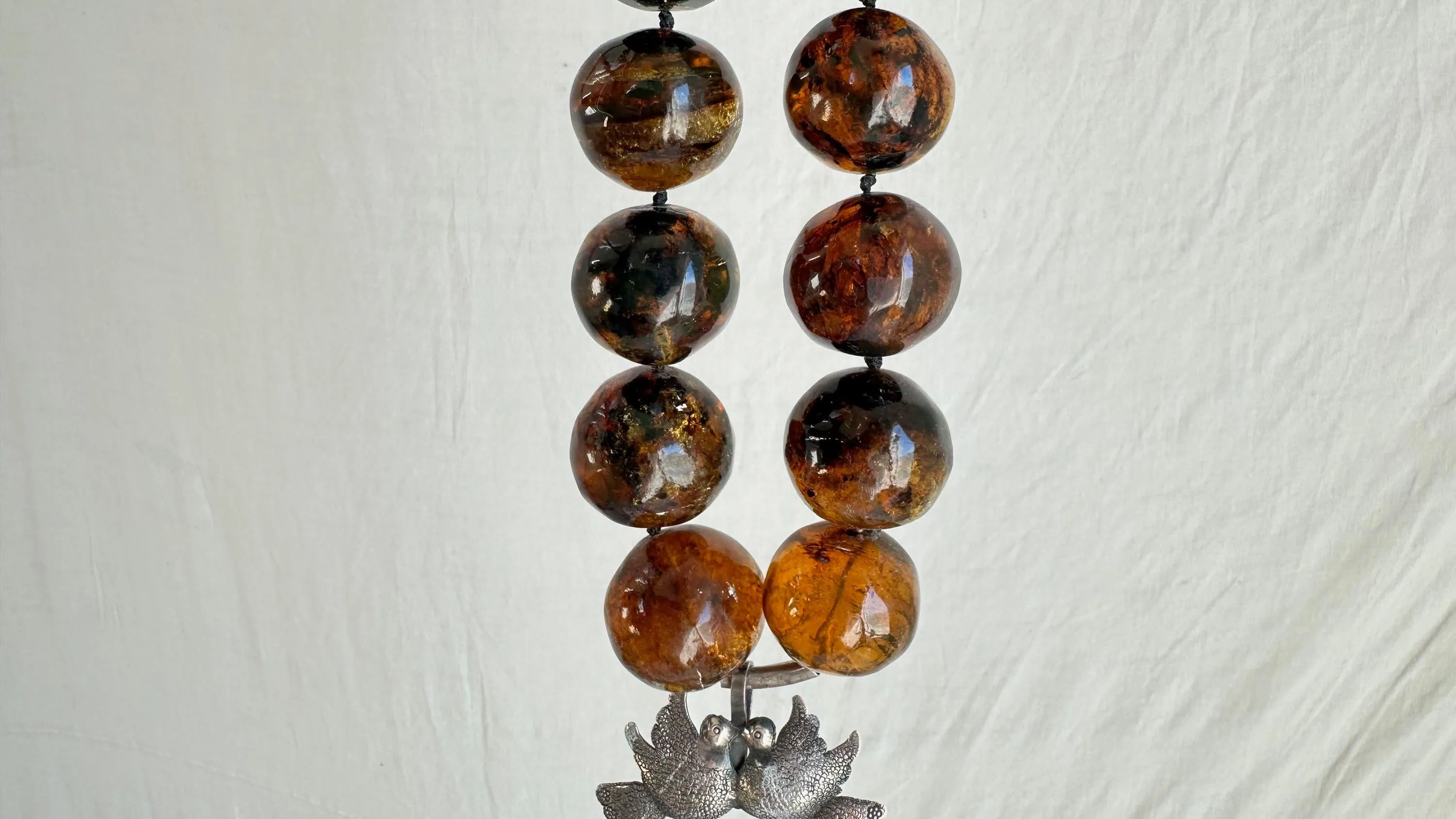 Amber Beaded Necklace, Milagro Sacred Heart Pendant. Sterling Silver. 2327