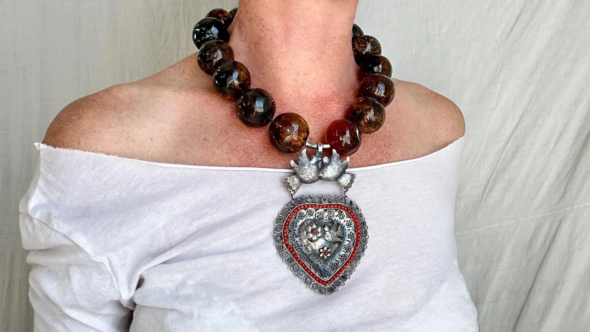 Amber Beaded Necklace, Milagro Sacred Heart Pendant. Sterling Silver. 2327