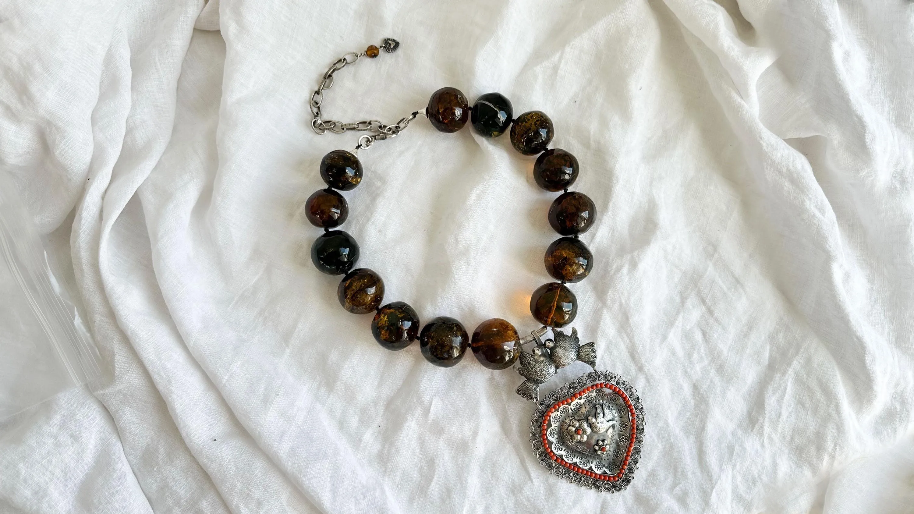 Amber Beaded Necklace, Milagro Sacred Heart Pendant. Sterling Silver. 2327