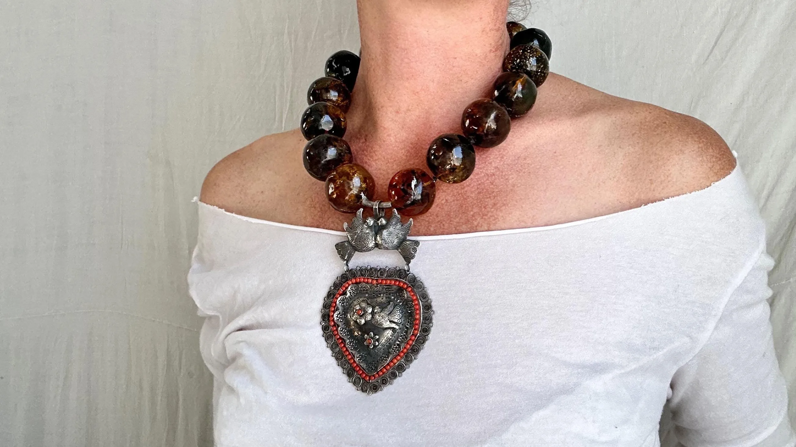 Amber Beaded Necklace, Milagro Sacred Heart Pendant. Sterling Silver. 2327