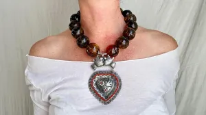 Amber Beaded Necklace, Milagro Sacred Heart Pendant. Sterling Silver. 2327
