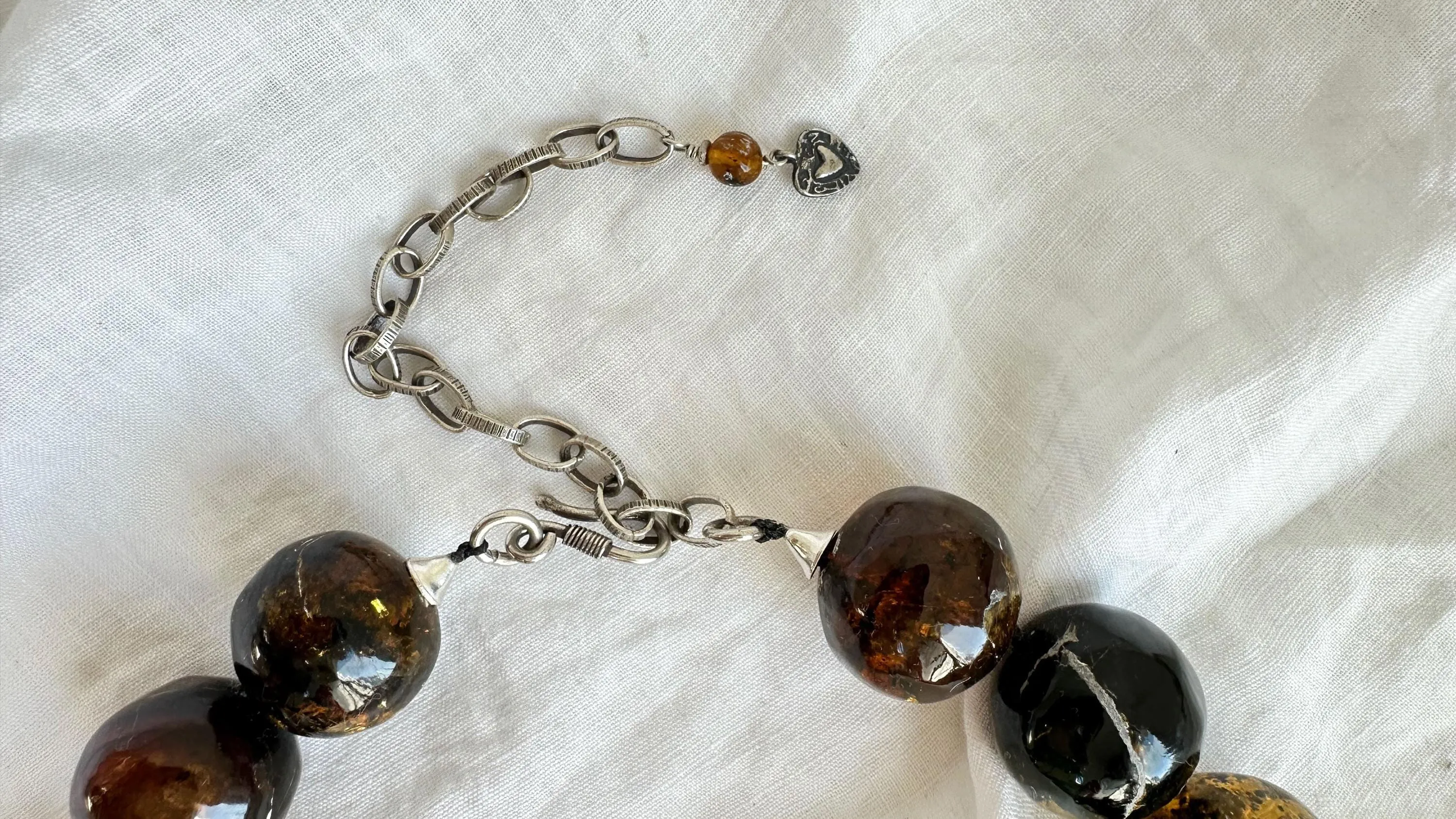 Amber Beaded Necklace, Milagro Sacred Heart Pendant. Sterling Silver. 2327