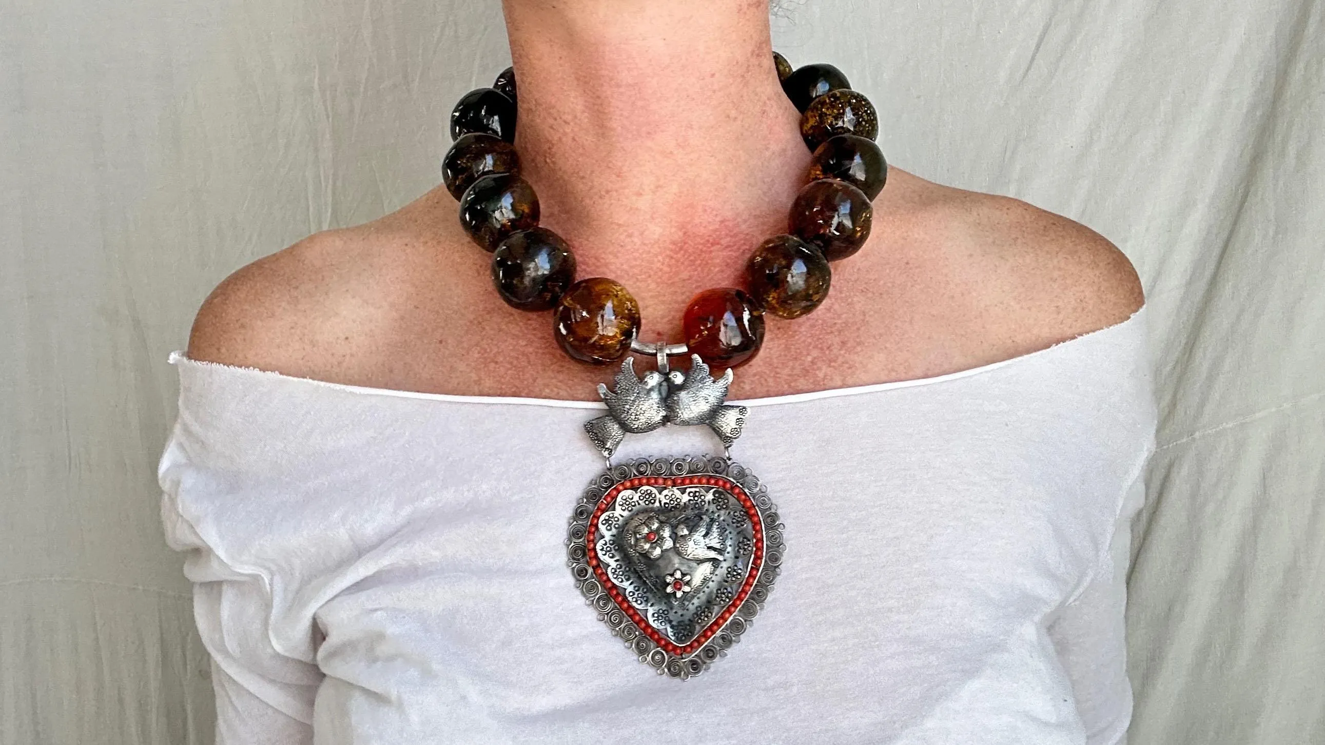 Amber Beaded Necklace, Milagro Sacred Heart Pendant. Sterling Silver. 2327