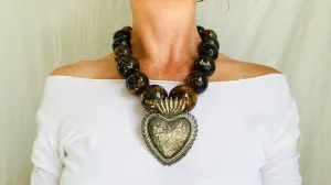 Amber Beaded Necklace, Milagro Sacred Heart Pendant. Sterling Silver.