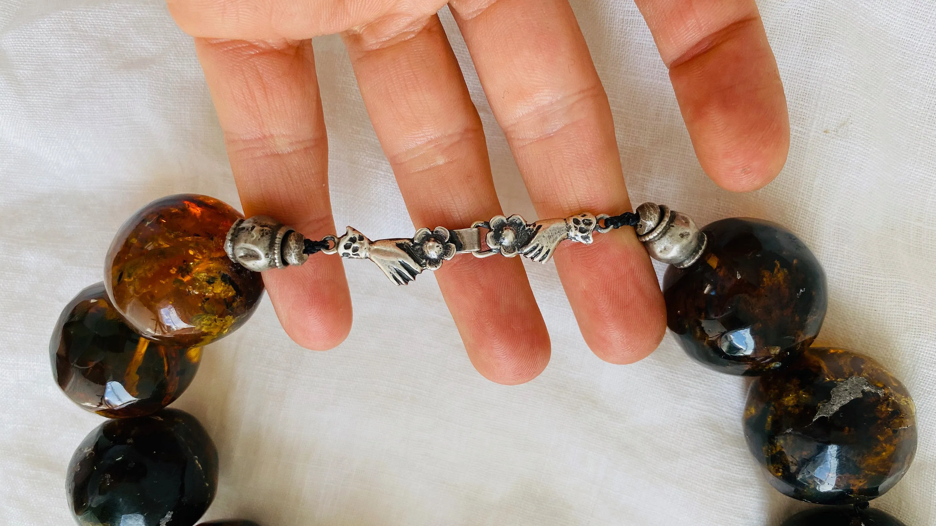 Amber Beaded Necklace, Milagro Sacred Heart Pendant. Sterling Silver.