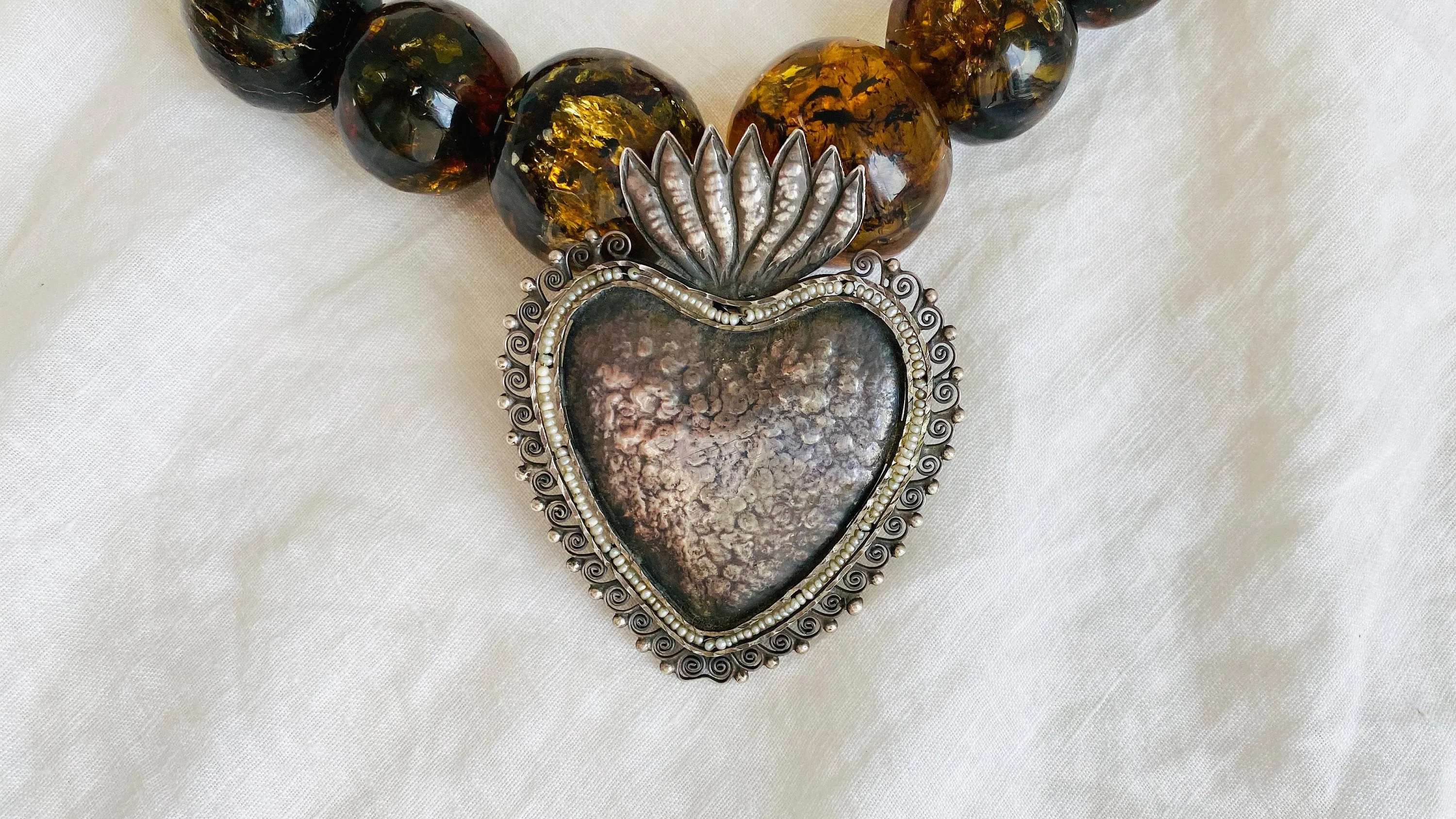 Amber Beaded Necklace, Milagro Sacred Heart Pendant. Sterling Silver.