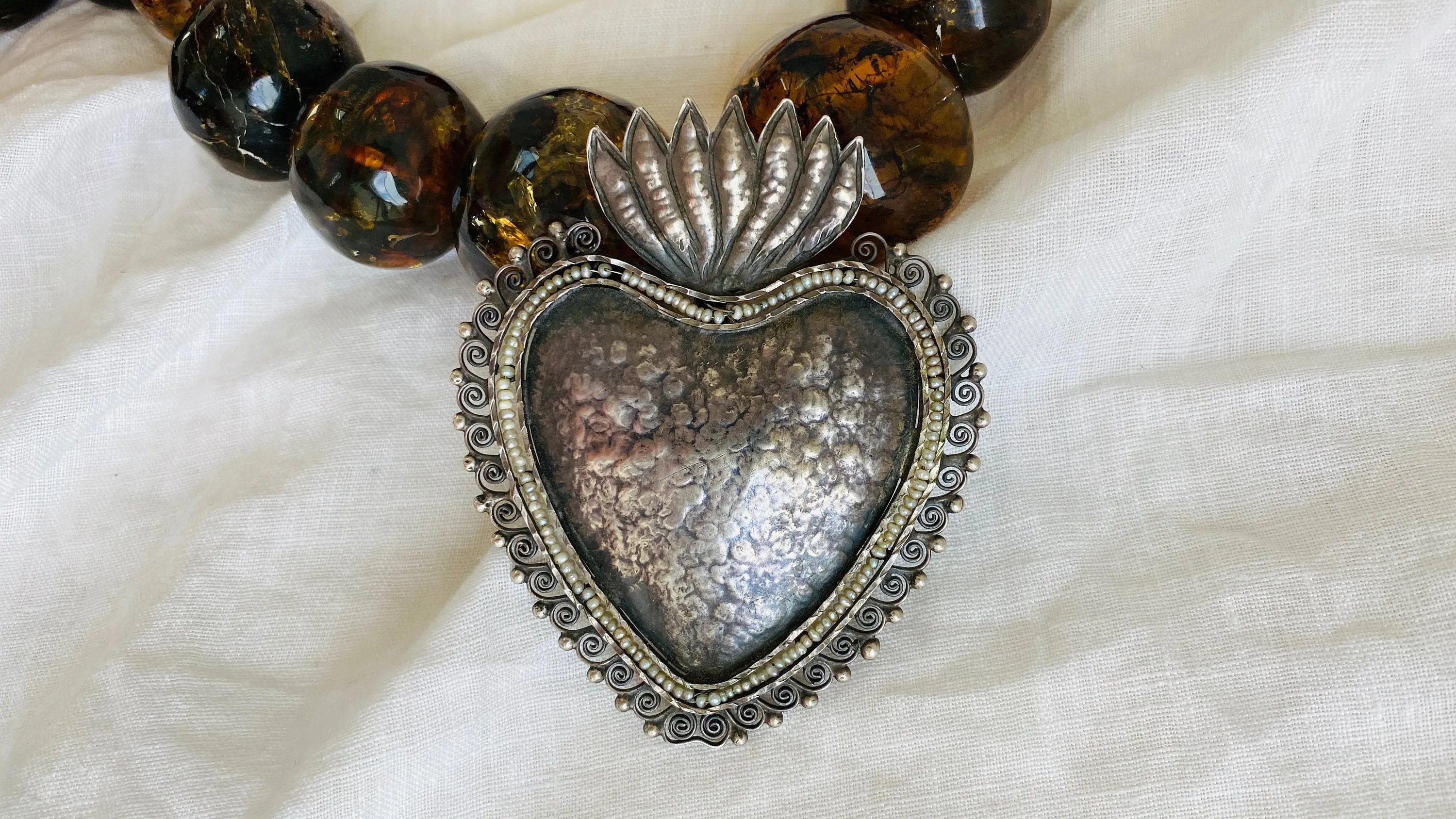 Amber Beaded Necklace, Milagro Sacred Heart Pendant. Sterling Silver.