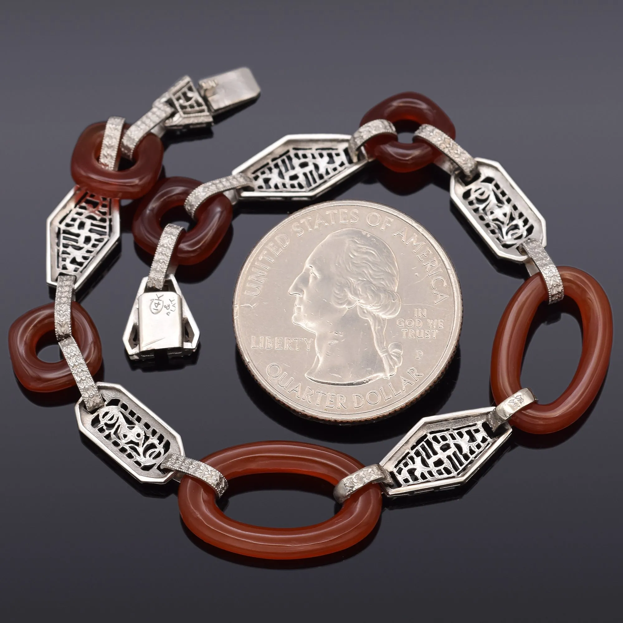 Antique Art Deco 14K White Gold & Platinum Carnelian Link Bracelet