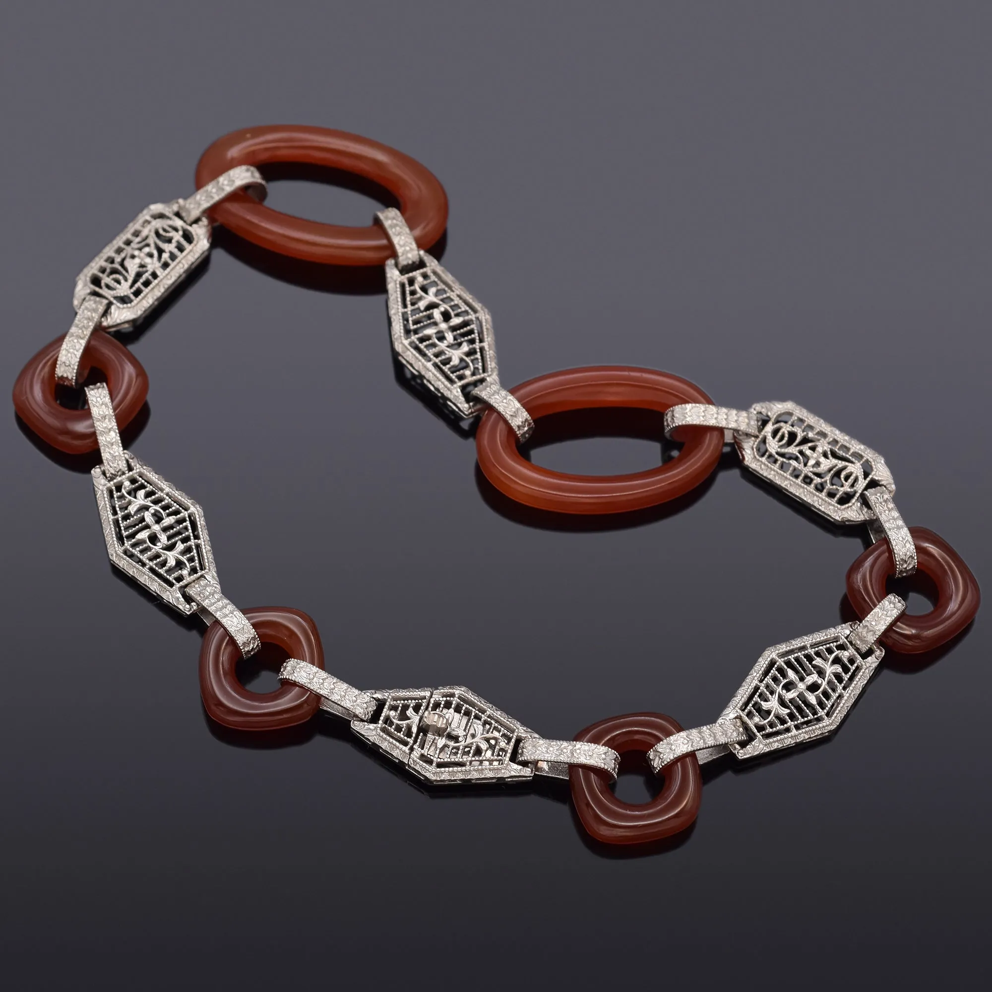 Antique Art Deco 14K White Gold & Platinum Carnelian Link Bracelet
