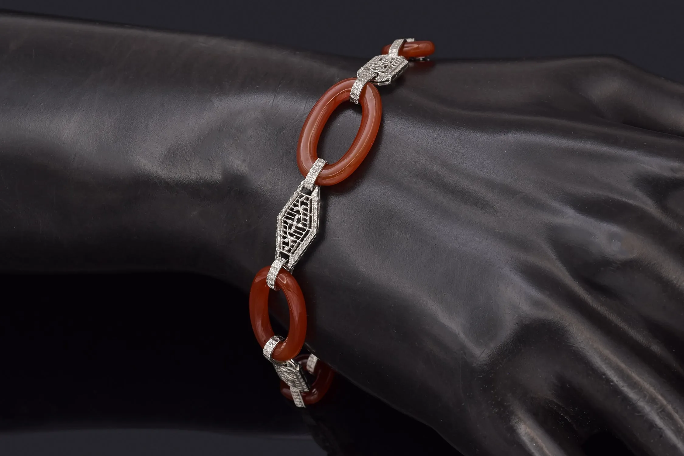 Antique Art Deco 14K White Gold & Platinum Carnelian Link Bracelet