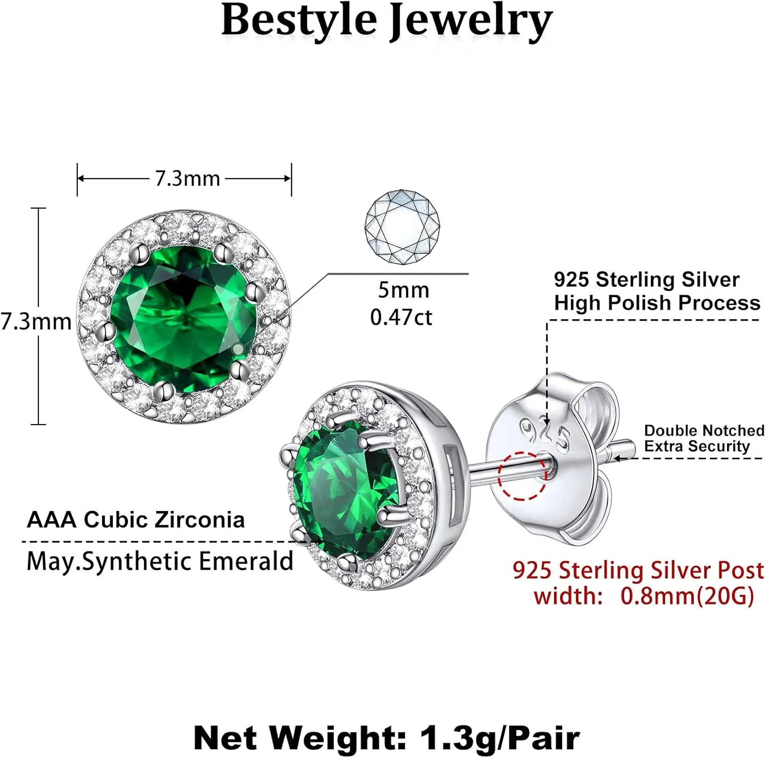 Bestyle Sparkling 925 Sterling Silver Birthstone Stud Earrings for Women, Heart/Round/Teardrop/Square Crystal Solitaire Diamond Studs Halo Earrings, Great Birthday/Christmas Gifts