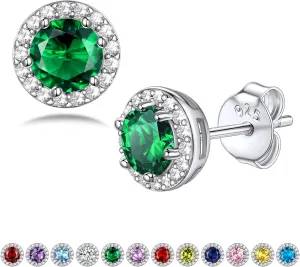 Bestyle Sparkling 925 Sterling Silver Birthstone Stud Earrings for Women, Heart/Round/Teardrop/Square Crystal Solitaire Diamond Studs Halo Earrings, Great Birthday/Christmas Gifts