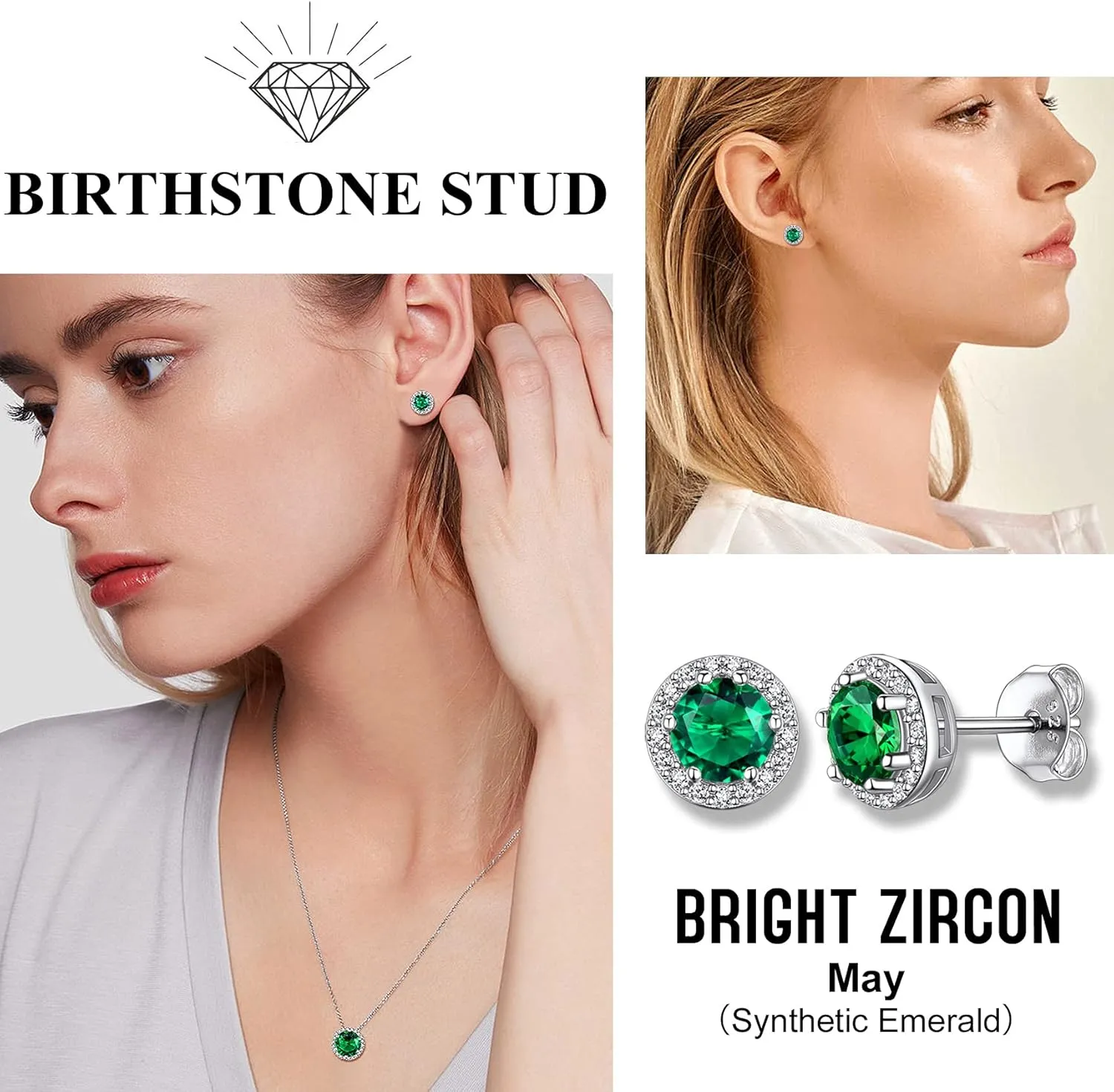 Bestyle Sparkling 925 Sterling Silver Birthstone Stud Earrings for Women, Heart/Round/Teardrop/Square Crystal Solitaire Diamond Studs Halo Earrings, Great Birthday/Christmas Gifts