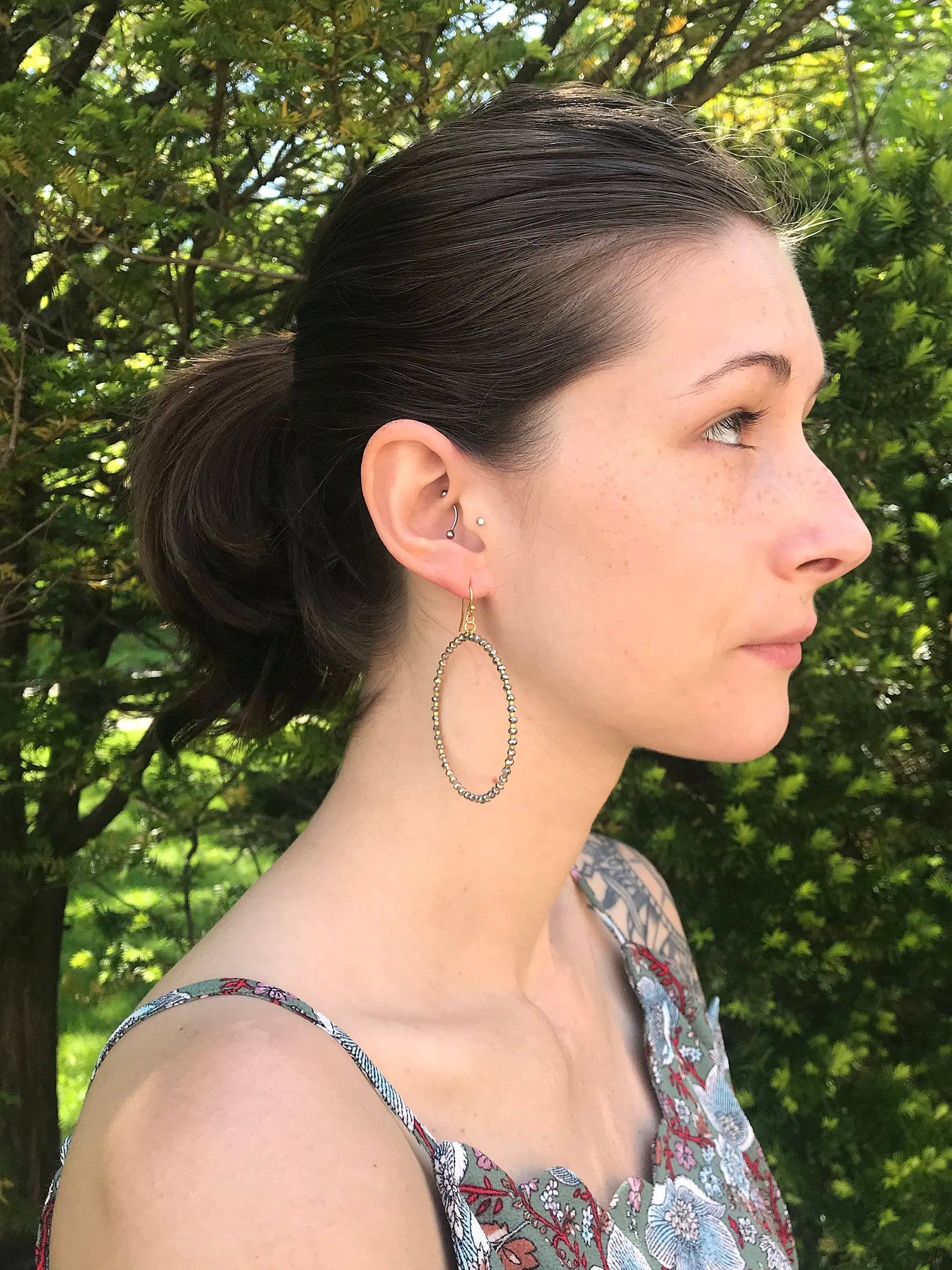 Chan Luu 2 Inch Gold Hoop Earrings Silver Crystals and Gold Tone Seed Beads