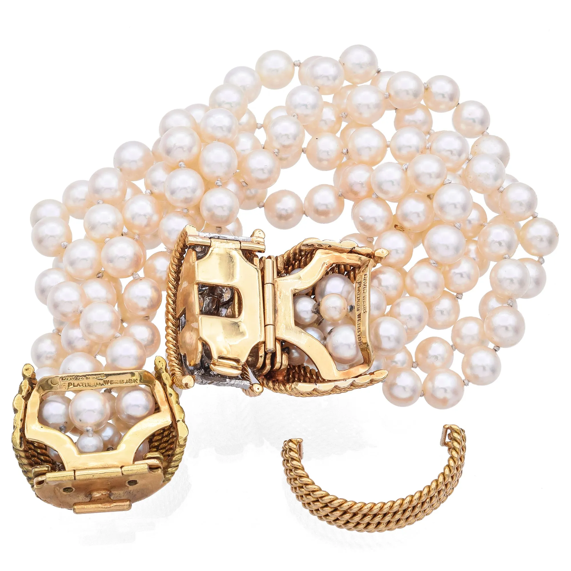 David Webb 18K Gold & Platinum Pearl & 1.50 TCW Diamond Multi-Strand Bracelet
