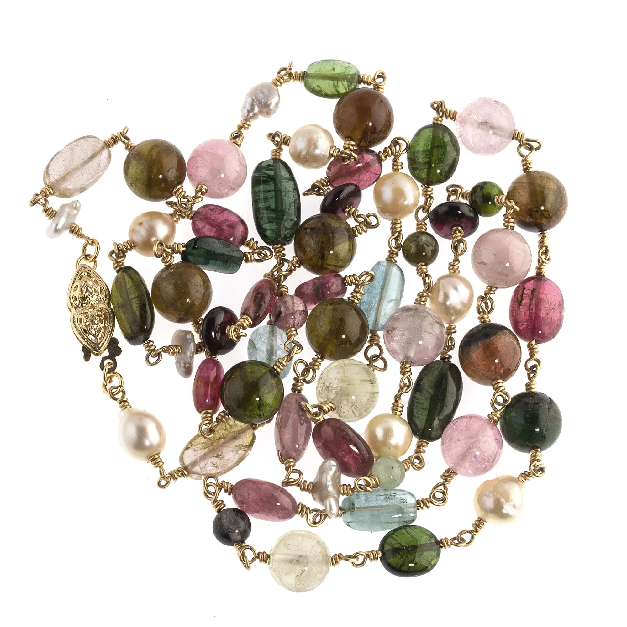 Gemstone & Pearl Necklace, tourmaline, garnet, topaz, pearl, 14k. j-nlbd1218