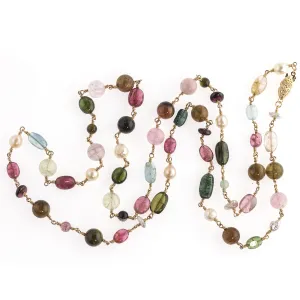 Gemstone & Pearl Necklace, tourmaline, garnet, topaz, pearl, 14k. j-nlbd1218