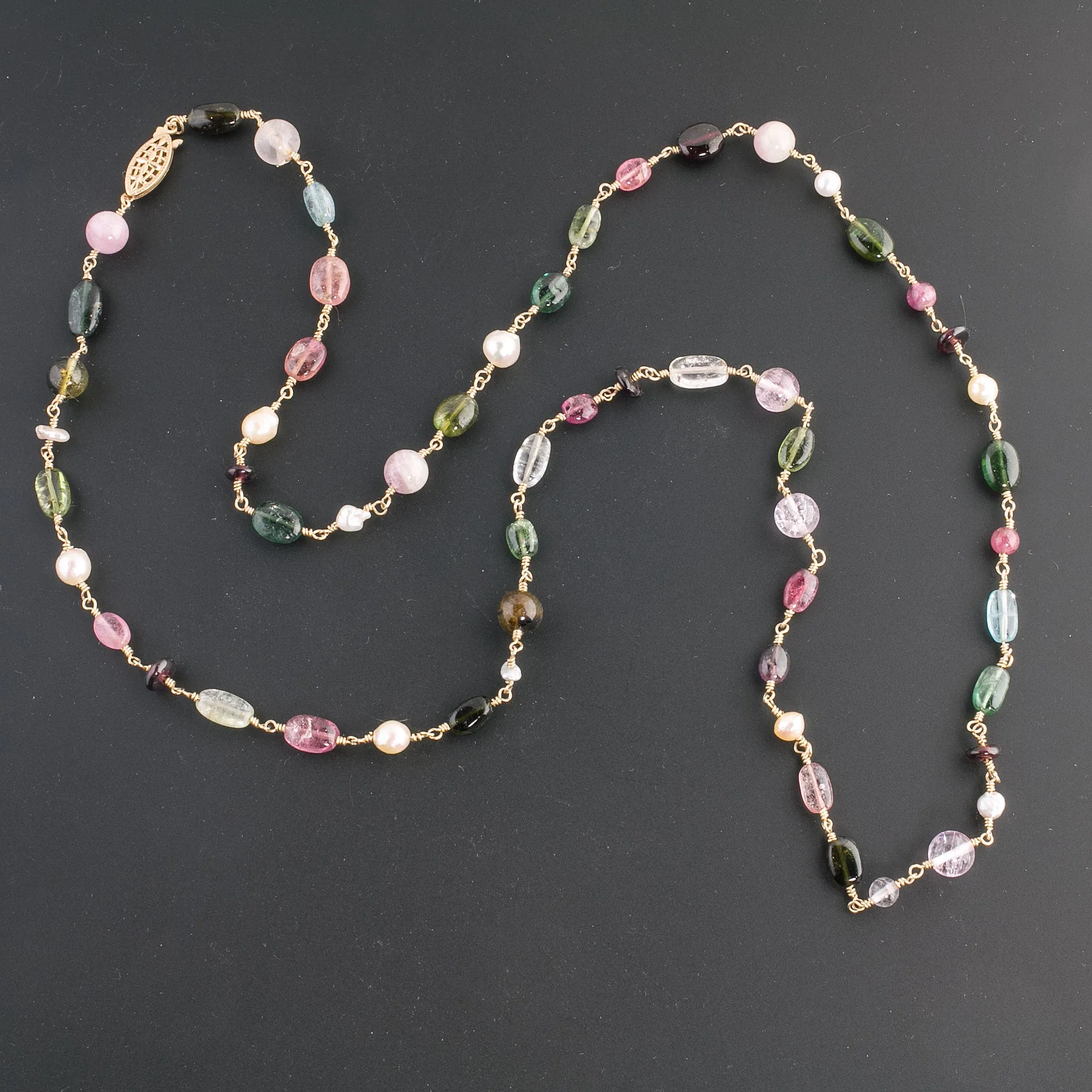 Gemstone & Pearl Necklace, tourmaline, garnet, topaz, pearl, 14k. j-nlbd1218