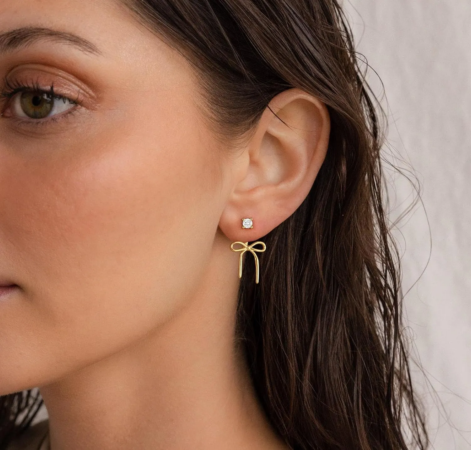 Gold Bow Earrings for Women, Dainty Rhinestone Stud, Cute Pearl Earring Jackets, Hypoallergenic Earrings for Sensitive Ears