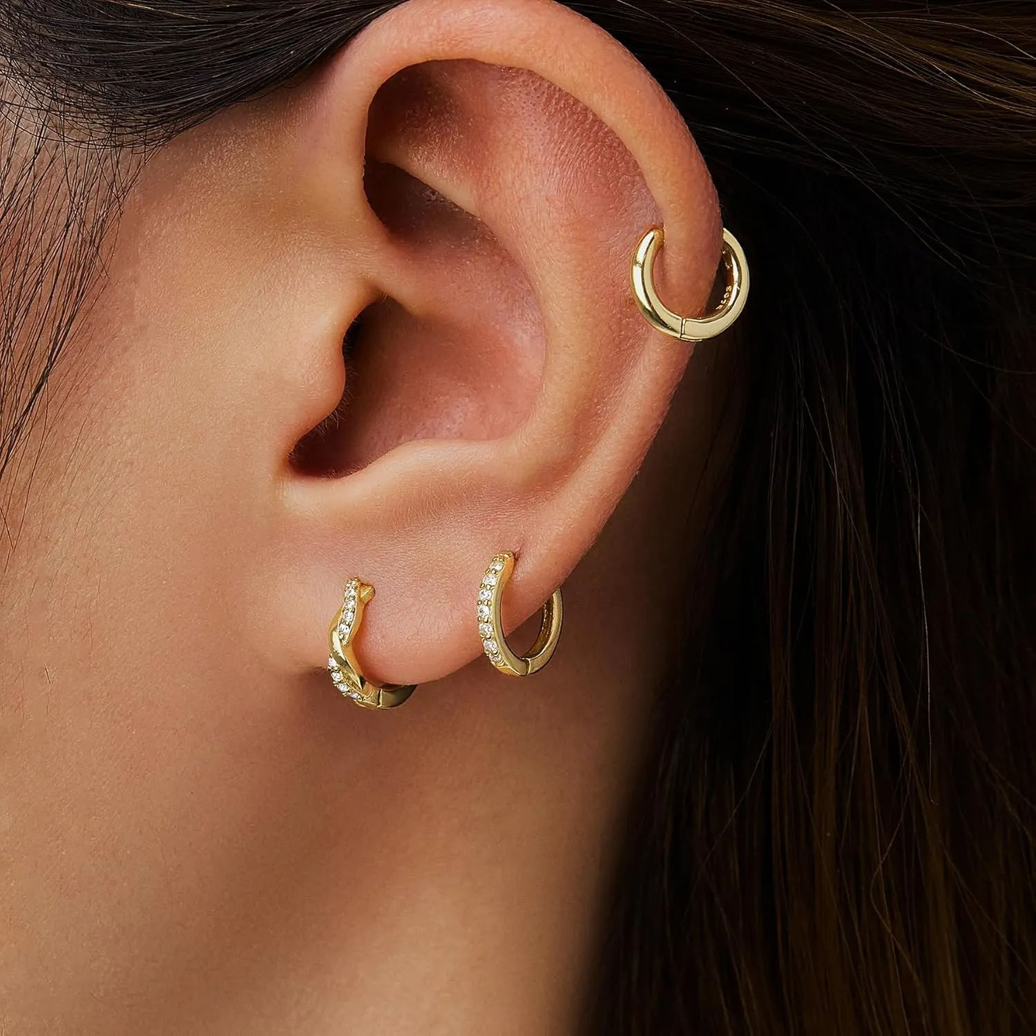 Gold Huggie Hoop Earrings Set for Women, Dainty Small Sterling Silver Earring for Multiple Piercing Hypoallergenic Jewelry, Trendy Twisted CZ Cartilage Earings for Women's Mother Gifts 3Pairs