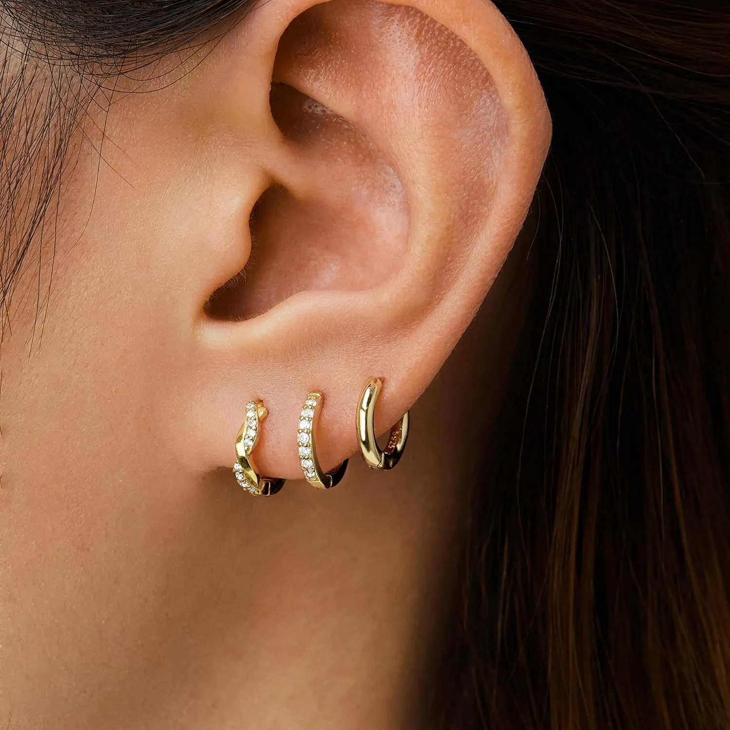 Gold Huggie Hoop Earrings Set for Women, Dainty Small Sterling Silver Earring for Multiple Piercing Hypoallergenic Jewelry, Trendy Twisted CZ Cartilage Earings for Women's Mother Gifts 3Pairs