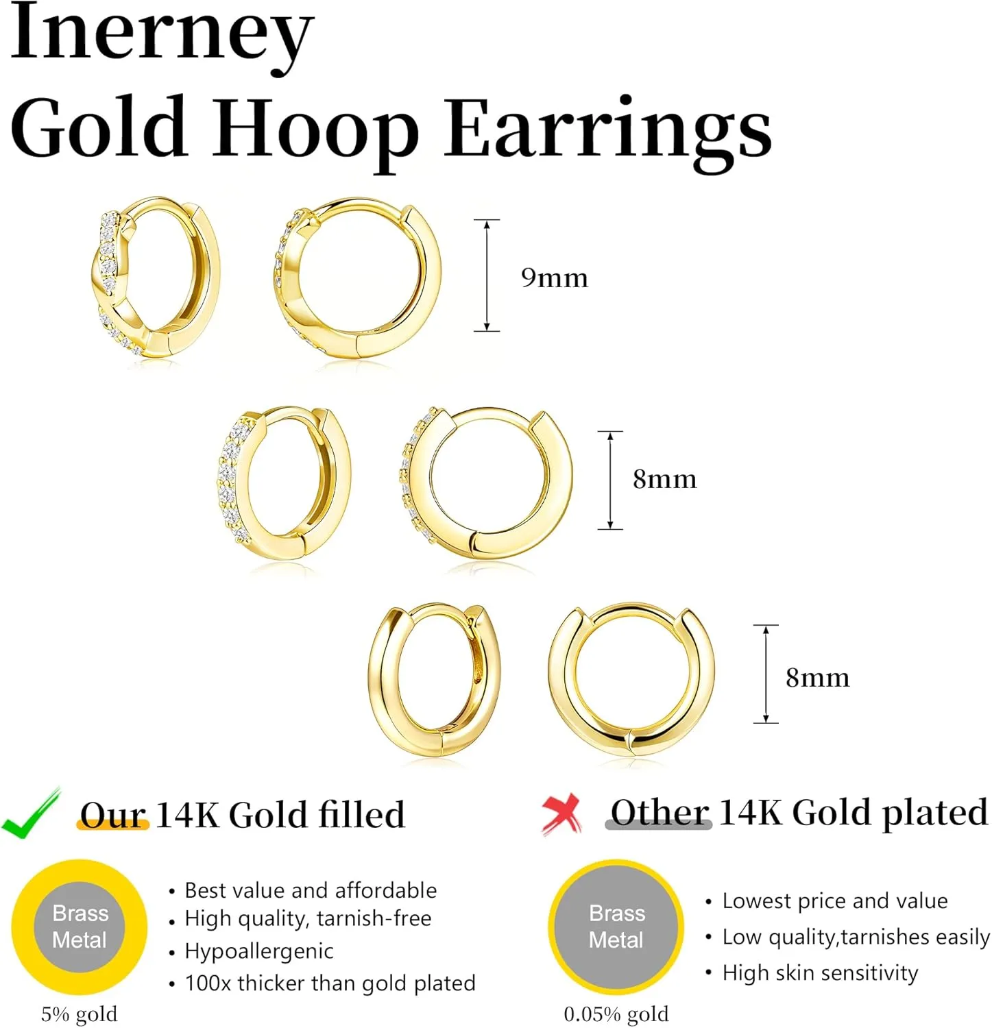 Gold Huggie Hoop Earrings Set for Women, Dainty Small Sterling Silver Earring for Multiple Piercing Hypoallergenic Jewelry, Trendy Twisted CZ Cartilage Earings for Women's Mother Gifts 3Pairs