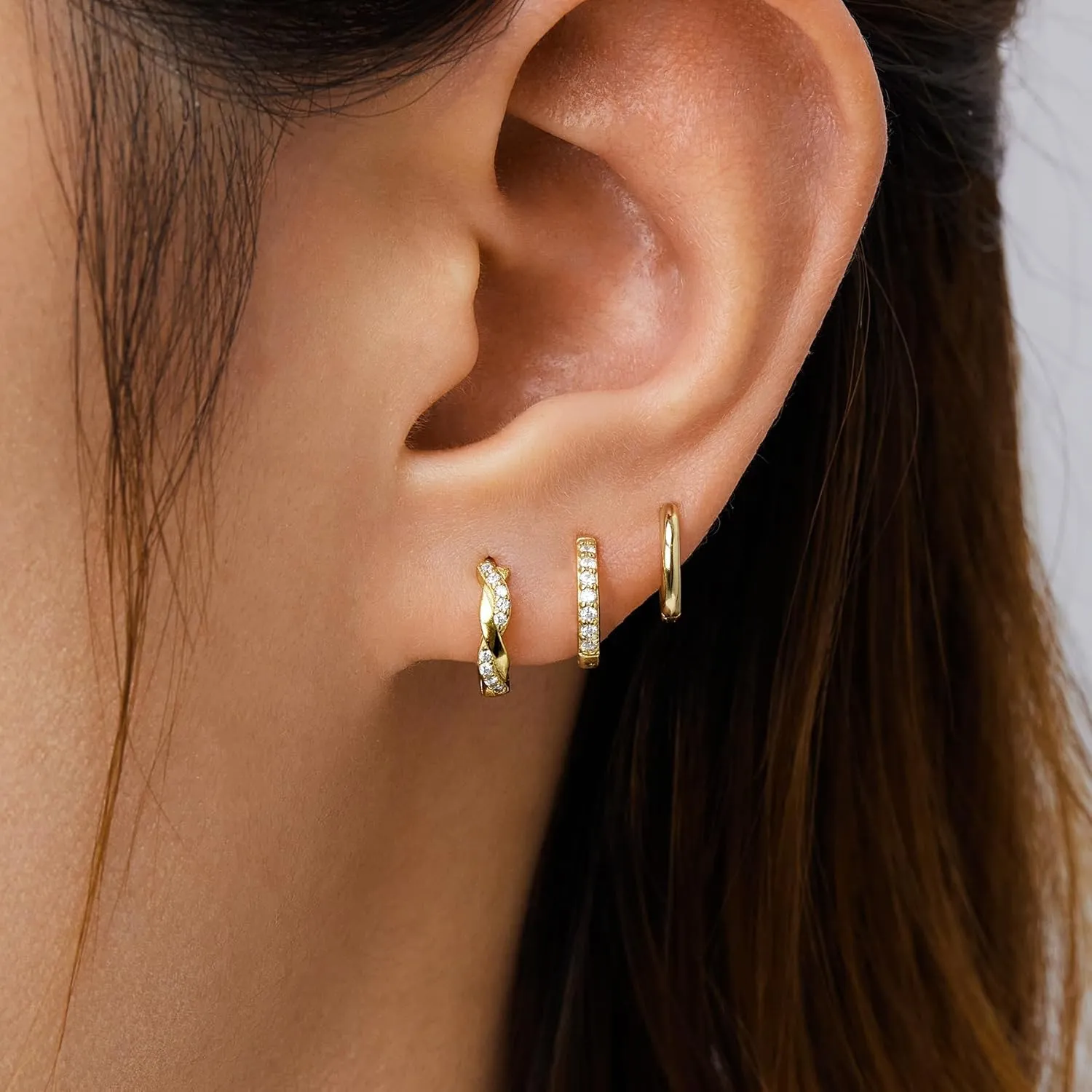Gold Huggie Hoop Earrings Set for Women, Dainty Small Sterling Silver Earring for Multiple Piercing Hypoallergenic Jewelry, Trendy Twisted CZ Cartilage Earings for Women's Mother Gifts 3Pairs