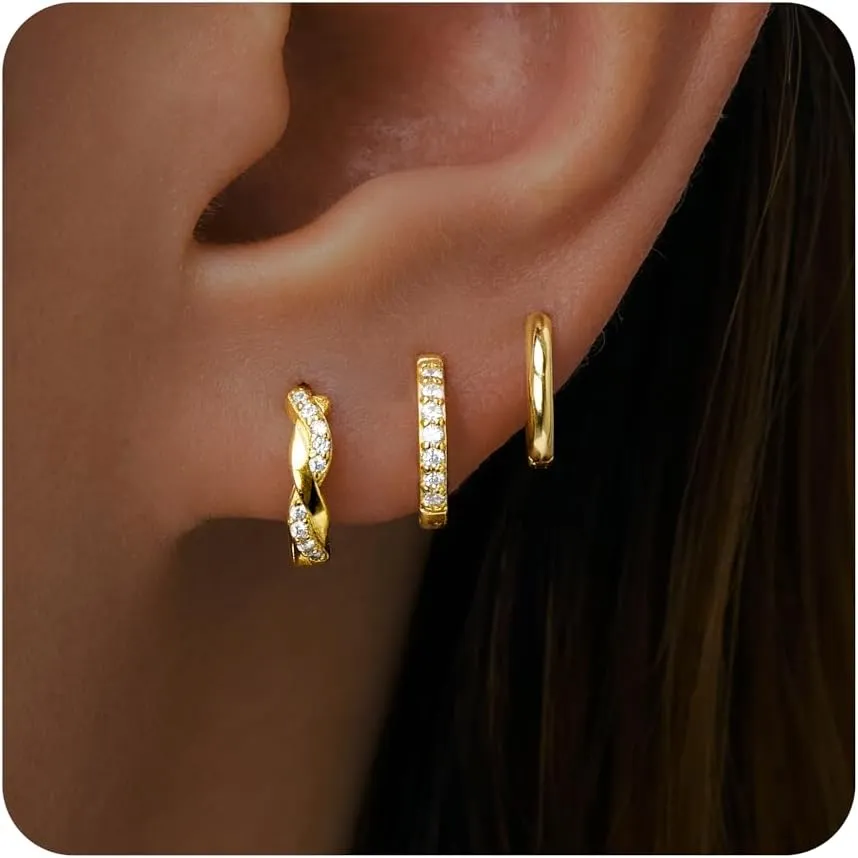 Gold Huggie Hoop Earrings Set for Women, Dainty Small Sterling Silver Earring for Multiple Piercing Hypoallergenic Jewelry, Trendy Twisted CZ Cartilage Earings for Women's Mother Gifts 3Pairs