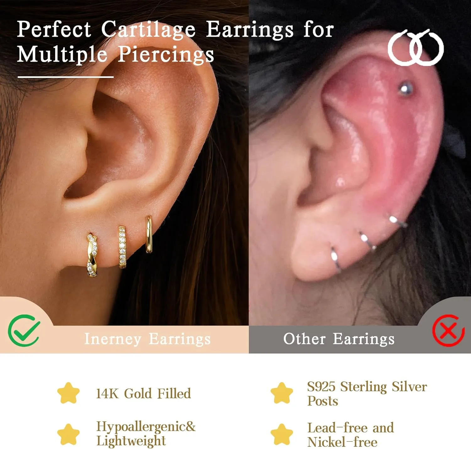 Gold Huggie Hoop Earrings Set for Women, Dainty Small Sterling Silver Earring for Multiple Piercing Hypoallergenic Jewelry, Trendy Twisted CZ Cartilage Earings for Women's Mother Gifts 3Pairs