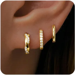 Gold Huggie Hoop Earrings Set for Women, Dainty Small Sterling Silver Earring for Multiple Piercing Hypoallergenic Jewelry, Trendy Twisted CZ Cartilage Earings for Women's Mother Gifts 3Pairs