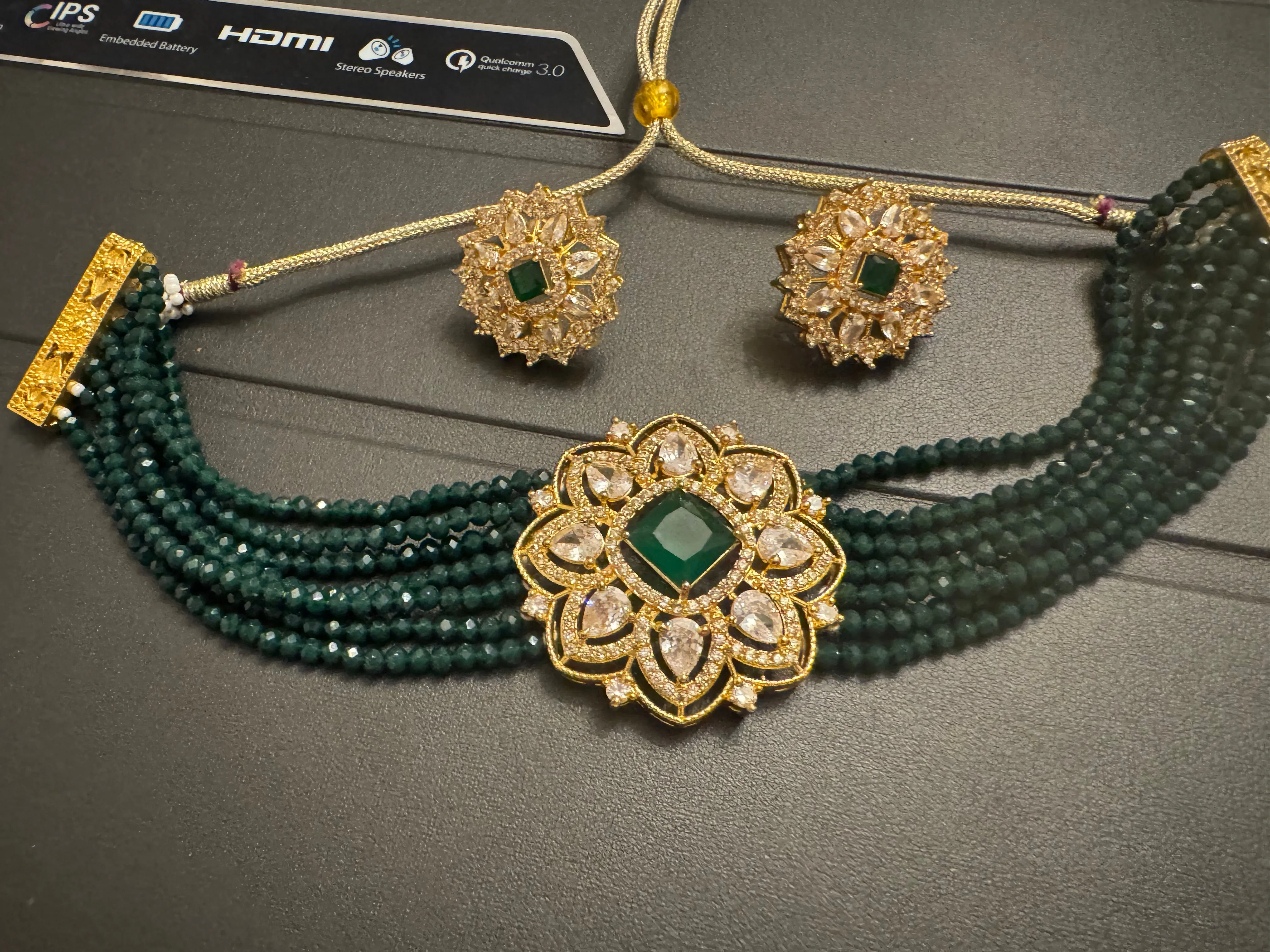 Green Kundan Garnet Choker with Earrings