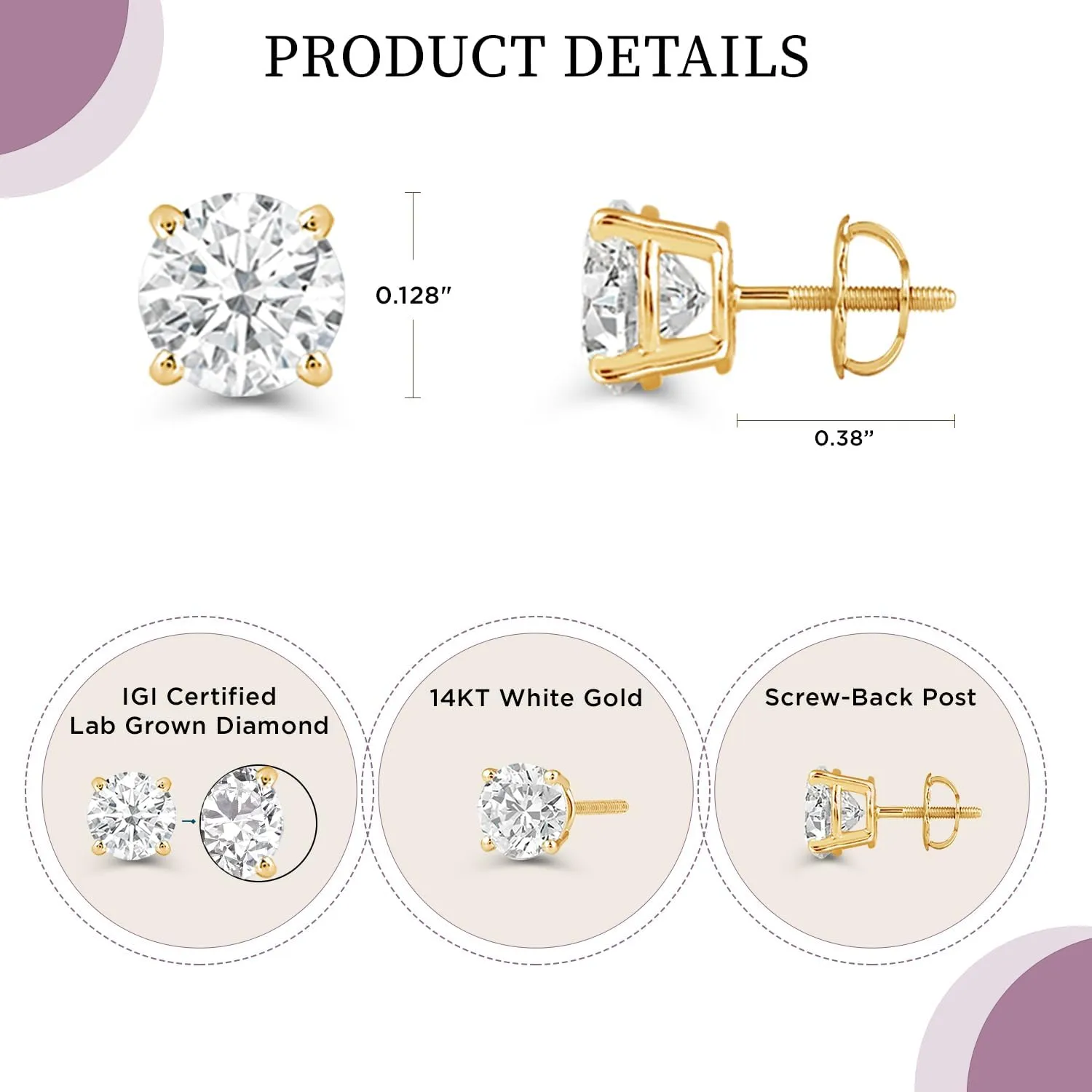 IGI Certified 0.10 to 3.00 Carat Lab Grown Diamond Stud Earrings for Women in 14KT Real White or Yellow Gold | Round Cut Studs| 4 Prong Setting with Screw Back (F Color, SI Clarity)