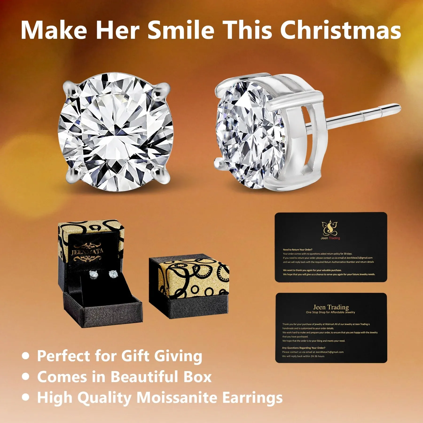 JeenMata 4 Prong 2 Carat Round Shaped Moissanite Solitaire Stud Earrings In 18K White Gold Plating Over Silver