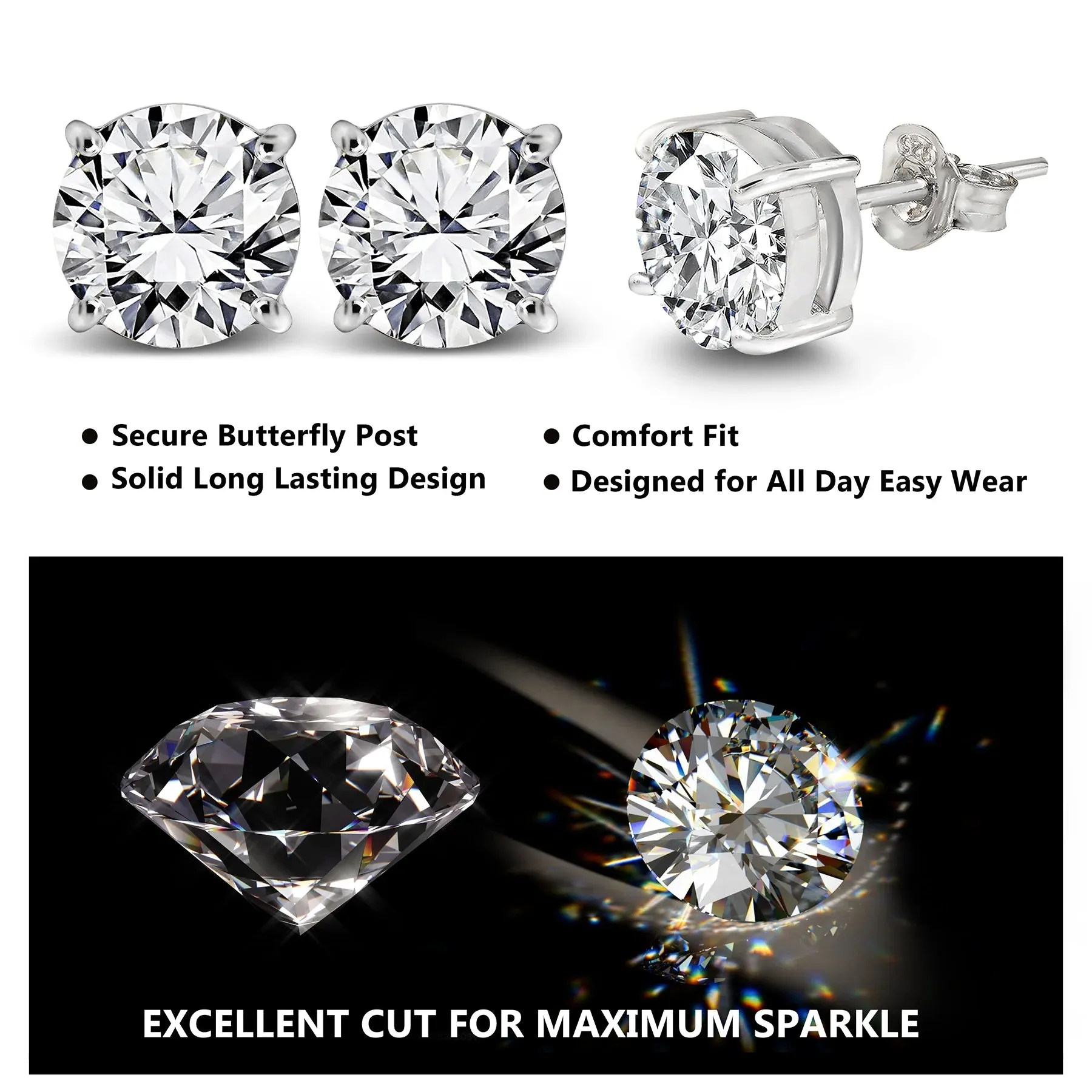 JeenMata 4 Prong 2 Carat Round Shaped Moissanite Solitaire Stud Earrings In 18K White Gold Plating Over Silver