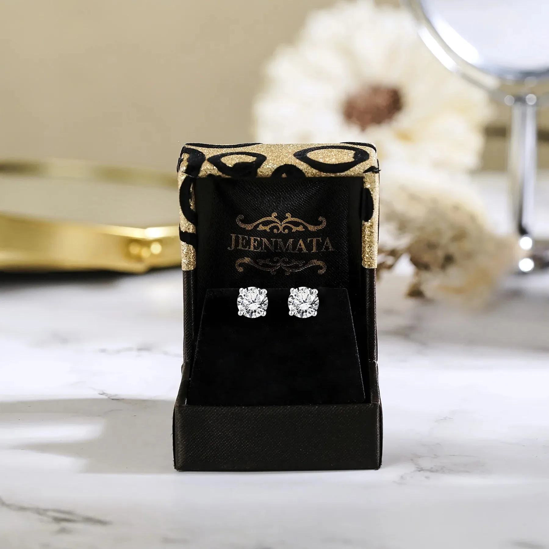 JeenMata 4 Prong 2 Carat Round Shaped Moissanite Solitaire Stud Earrings In 18K White Gold Plating Over Silver