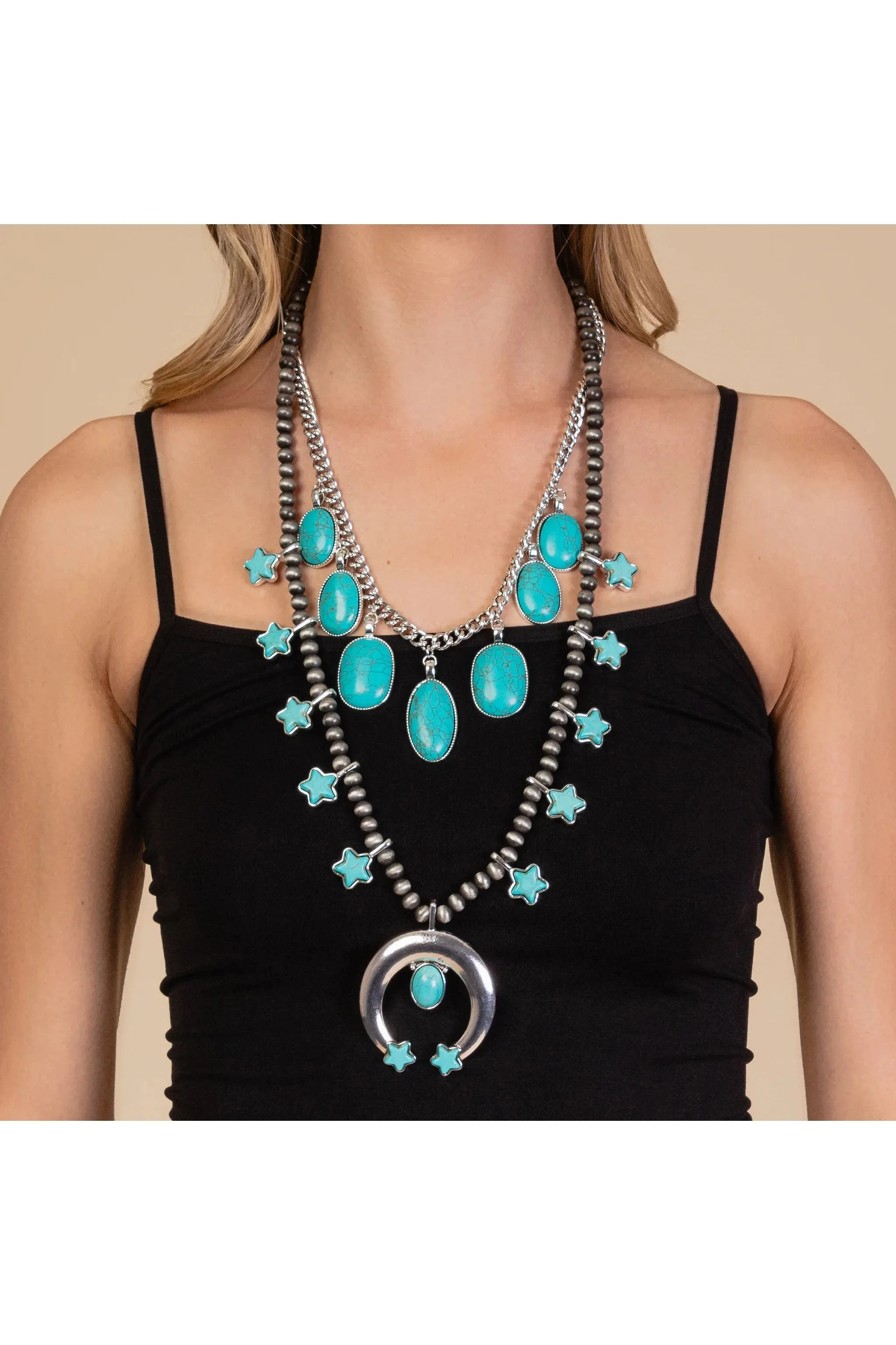Layered Turquoise Necklace And Silver Star Detail Necklace With Squash Blossom Pendant