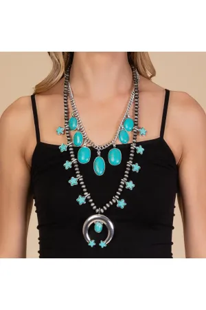 Layered Turquoise Necklace And Silver Star Detail Necklace With Squash Blossom Pendant