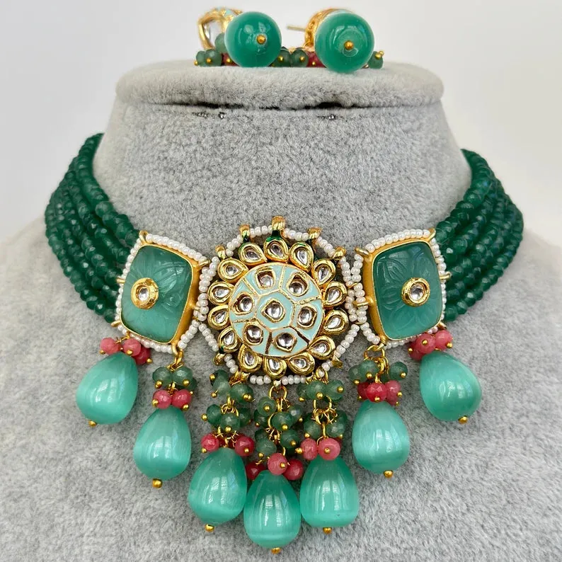 Mint Rajwadi Jaipuri Kundan Meenakari Necklace Set